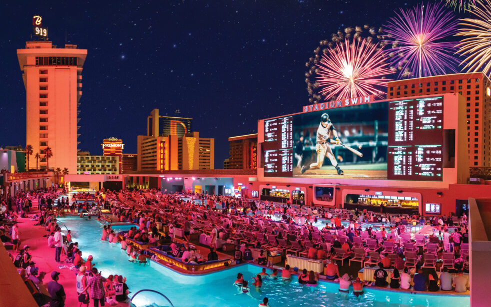 fireworks over the stadium swim amphitheater pool